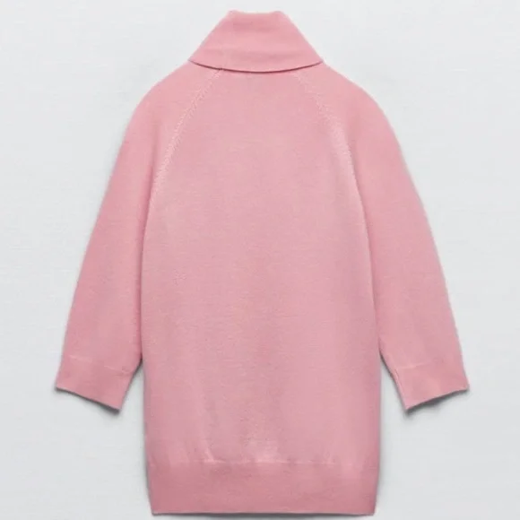 Zara High Collar Turtleneck Fine Ribbed Knit 3/4 Sleeve Sweater in Pink - Picture 4 of 14